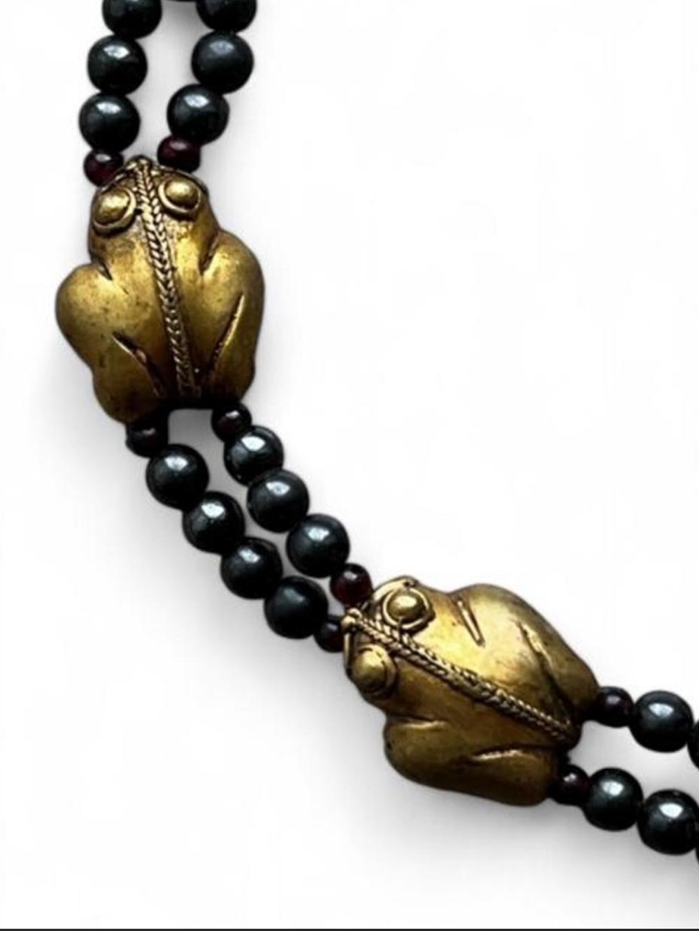 Vintage Pre Colombian Frog Gold Tone Onyx Garnet Beaded Necklace - Picture 13 of 16